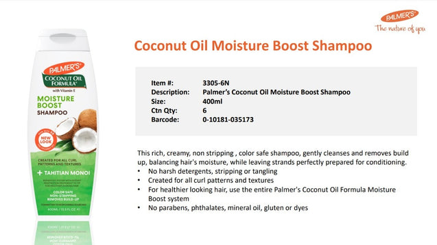 Palmer’s Coconut Oil Moisture Boost Shampoo 400ml (NEW) with FREE PALMER'S SAMPLES