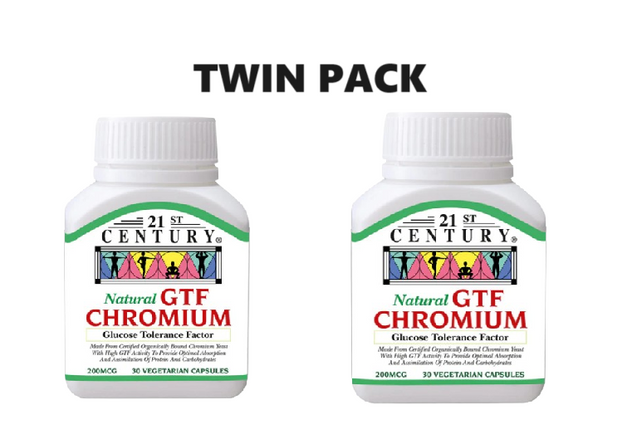21st Century Natural Chromium GTF - Glucose Tolerance Factor - 200 mcg 30 Capsules x 2 - Twin Pack