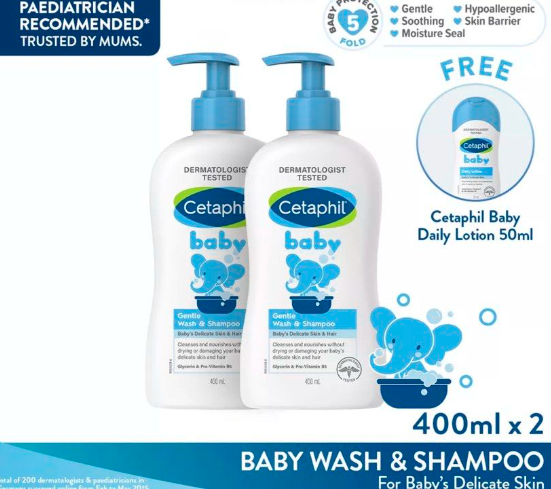 Cetaphil Baby Wash & Shampoo with Glycerin & Panthenol Pack Set (2 x 400ml + Daily Lotion 50ml)