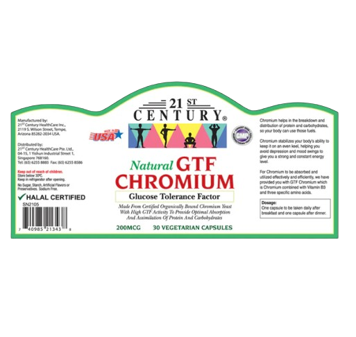 21st Century Natural Chromium GTF - Glucose Tolerance Factor - 200 mcg 30 Capsules x 2 - Twin Pack