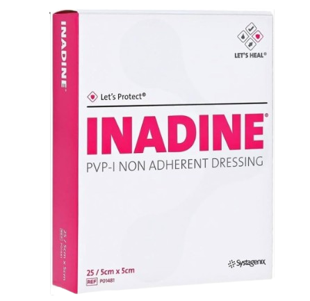 "Inadine Providone Iodine Non-Adherent Dressing 5cm x 5cm  Box of 25’s"