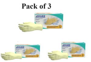 Bundle of 3 - Assure Latex Exam Gloves Powdered Size L 100 Pcs per Box