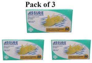 Bundle of 3 - Assure Latex Exam Gloves Powdered Size M 100 Pcs per Box