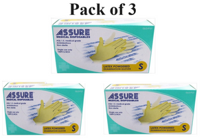 Bundle of 3 - Assure Latex Exam Gloves Powdered Size S 100 Pcs per Box