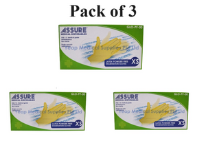 Bundle of 3 - Assure Latex Exam Gloves Powder Free Size XS 100 Pcs per Box