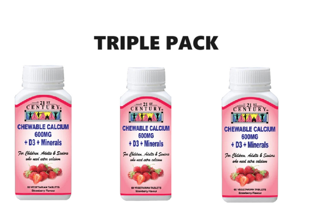 21st Century Chewable Calcium 600mg + D3 + Minerals 60 Tablets x 3 - Triple pack