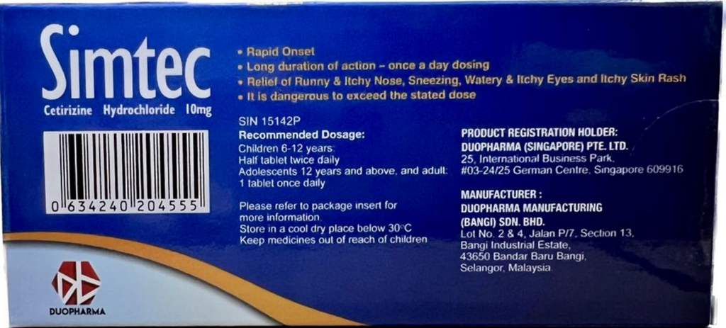 Simtec tablets 10mg Tablets 20 Tablets- Cetirizine Hydrochloride 10mg ...