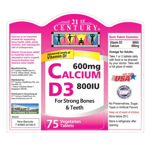 21st Century Calcium 600mg + D3 800iu 75 Tablets x 3 - Triple pack