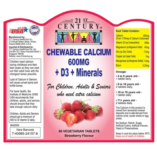 21st Century Chewable Calcium 600mg + D3 + Minerals 60 Tablets x 3 - Triple pack