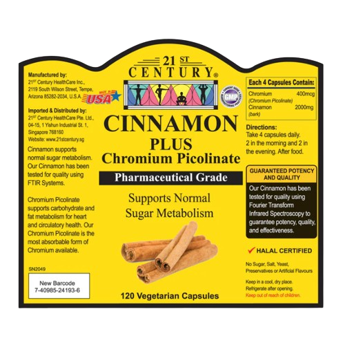 21st Century Cinnamon Plus Chromium Picolinate 120 Vegetarian Capsules x 2 - Twin pack